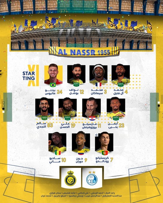 利雅得勝利vs德黑蘭獨立首發(fā)：C羅領(lǐng)銜，杜蘭、馬內(nèi)先發(fā)