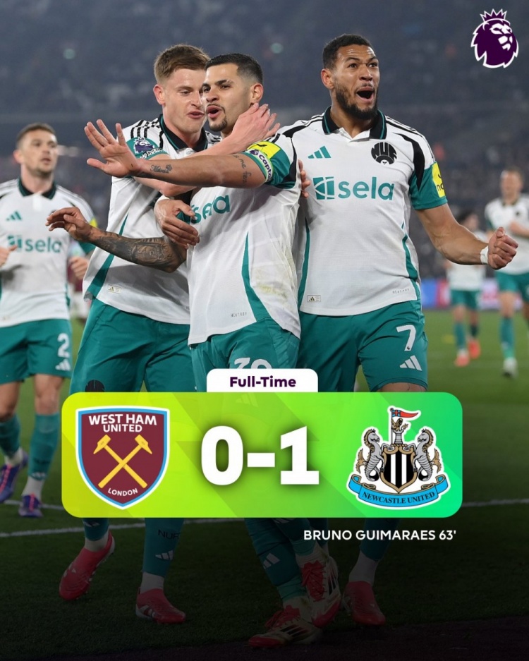 吉馬良斯制勝勝紐卡客場1-0擊敗西漢姆聯(lián)，喜鵲積分已追平曼城