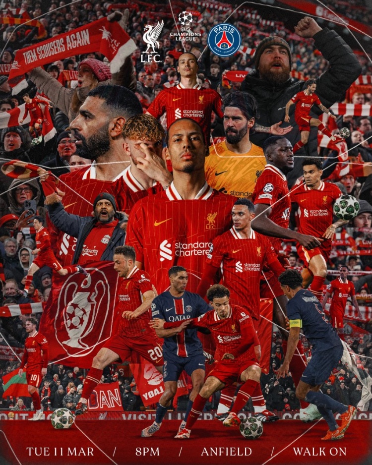 利物浦曬主場(chǎng)對(duì)陣巴黎海報(bào)，范迪克C位&兩隊(duì)多名球員出鏡