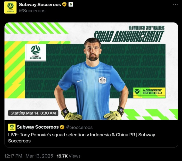 將戰(zhàn)國(guó)足！官方：澳大利亞新一期名單明日上午8:30公布