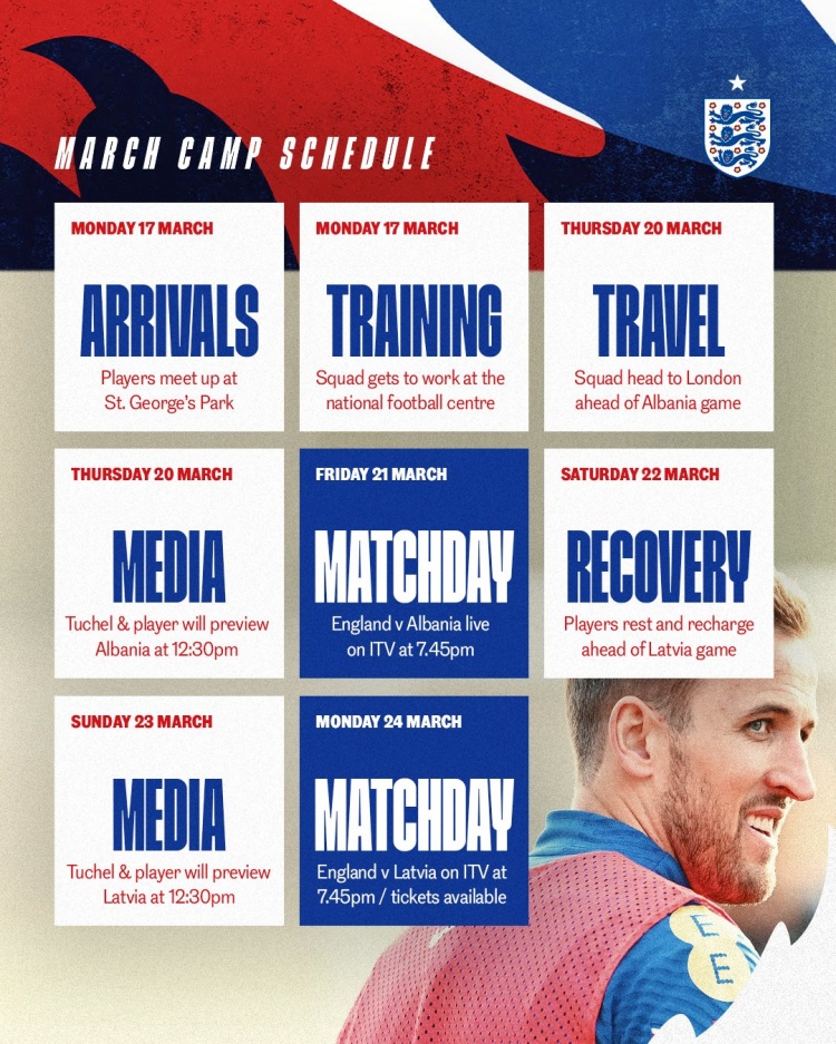 英格蘭本期集訓(xùn)日程：3月17日集合，將對陣阿爾巴尼亞、拉脫維亞