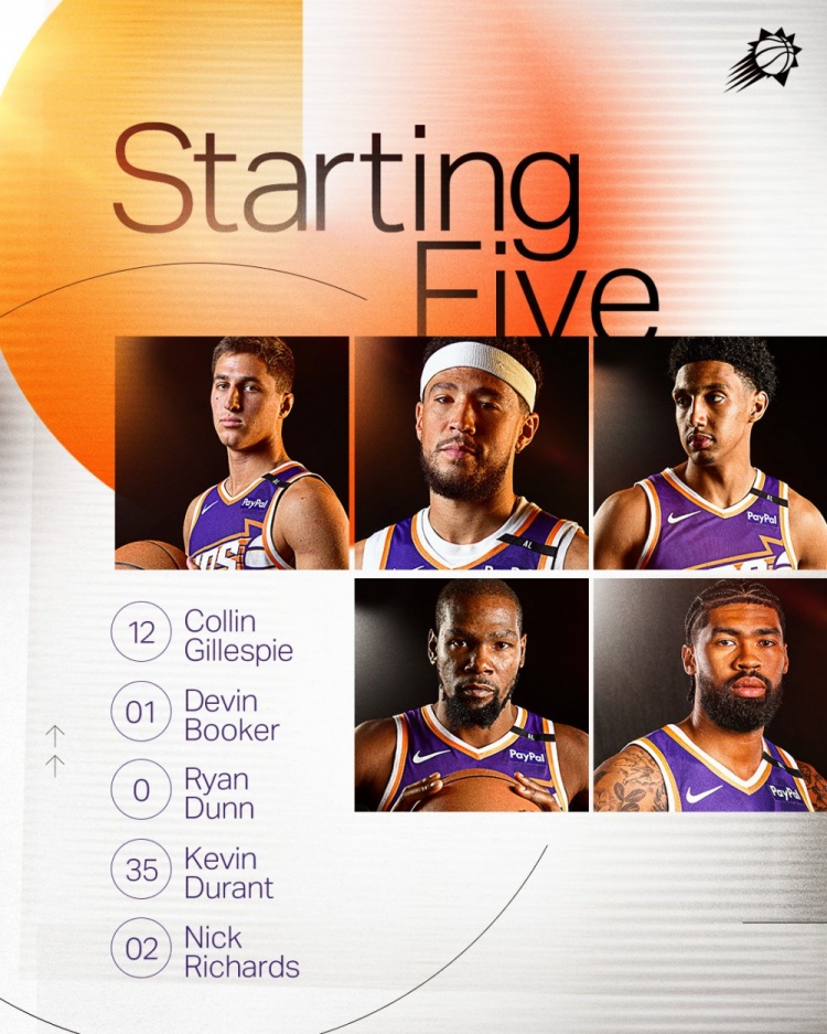 今日對陣猛龍！太陽首發(fā)：吉萊斯皮、布克、鄧恩、KD、理查茲