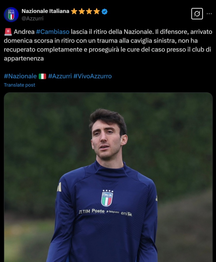 意大利隊官方：坎比亞索因左腳踝傷勢退出本期國家隊，將返回尤文