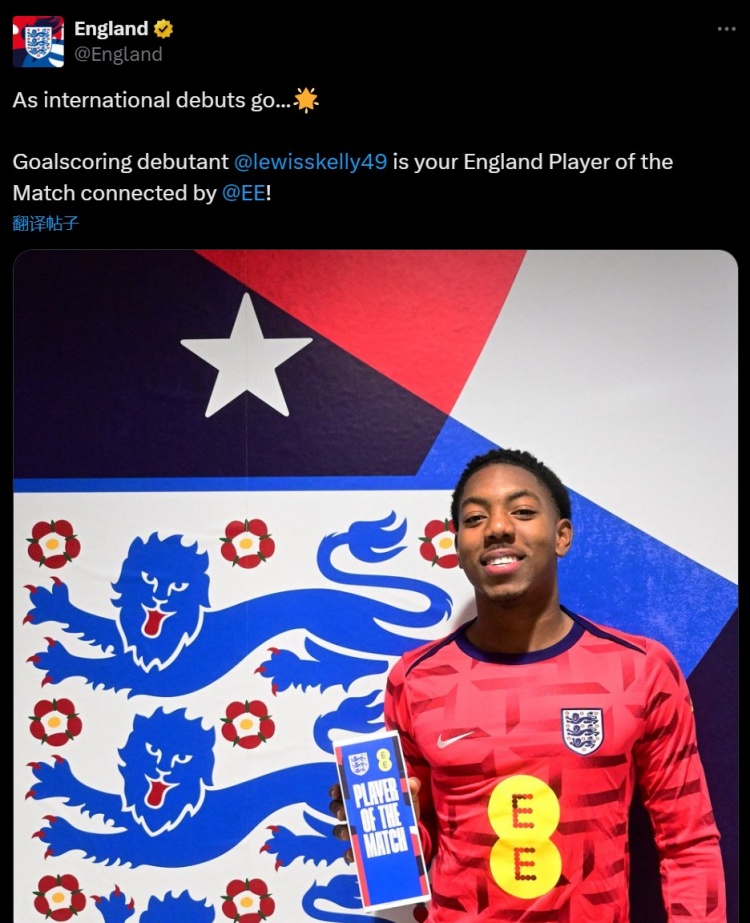 處子秀首開記錄！英格蘭隊官方：斯凱利當(dāng)選球迷票選全場最佳